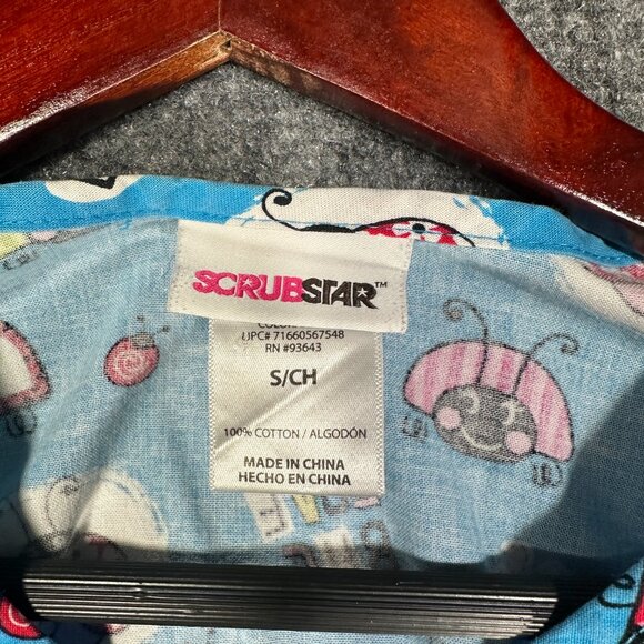 ScrubStar Scrub Top Size Small Short Sleeve Pockets V Neck Ladybug Love Bug Blue - Picture 5 of 7